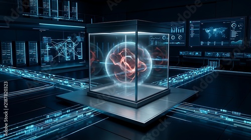 Futuristic central glass cube housing a glowing red and blue energy sphere, resting on an elevated platform connected to digital circuit pathways in a dark high-tech control center room.