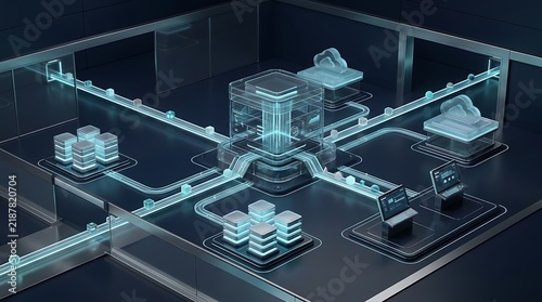 Isometric 3D schematic diagram of a secure cloud network layout, featuring a central processing unit connected via glowing conduits to servers, cloud icons, and user workstations.