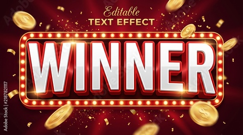Winner text effect on red marquee sign with glowing light bulbs, falling gold coins and confetti on dark background