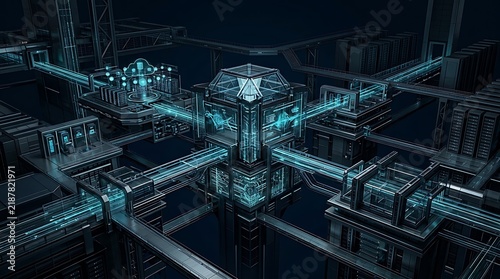 High angle perspective of complex dark industrial computing facility featuring central glass server module linked by glowing cyan data conduits and bridges to surrounding platforms.