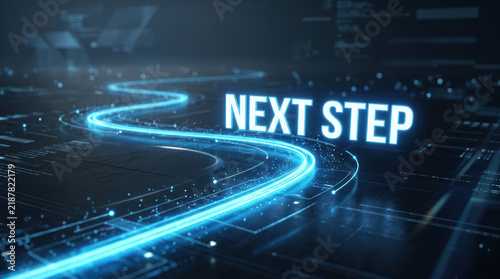 Strategic navigation follows glowing path toward next step through futuristic digital interface with luminous energy and direction