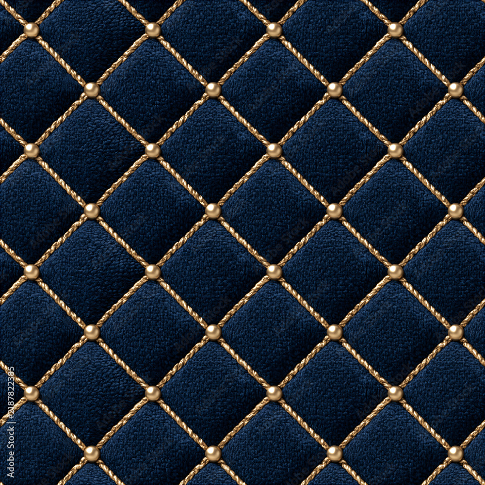 Obraz premium Seamless pattern dark blue quilted fabric forming a diamond pattern. Golden cords crisscrossing, adorned with small golden studs at intersections
