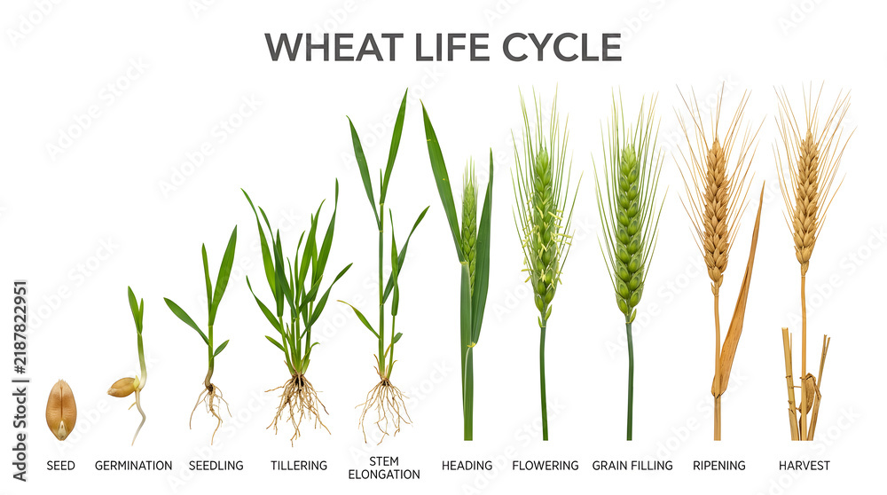 Obraz premium The Wheat Life Cycle diagram illustrates each stage of wheat growth from seed to harvest, highlighting germination, seedling, tillering, stem elongation, heading, flowering, grain filling, ripening.