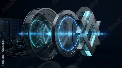 Exploded view optical lens assembly with floating glass elements showing central hexagonal node graphic and blue light beam passing through dark server background.