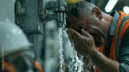 Worker Uses Emergency Eye Rinse After Exposure to Hazardous Dust in Industrial Environment