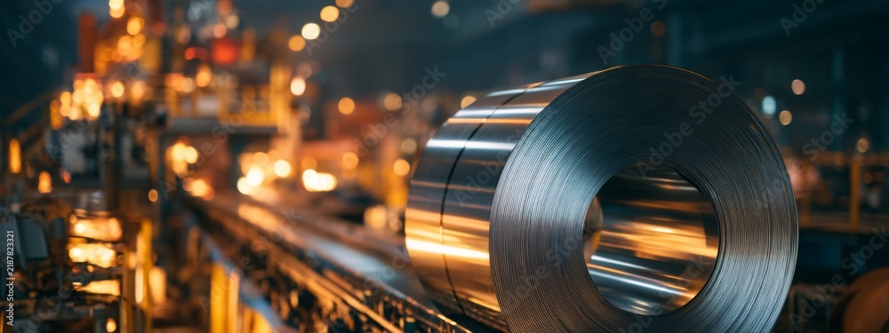 Fototapeta premium Automated Production Line Processing Metal Coil in Industrial Factory Environment with Professional Equipment
