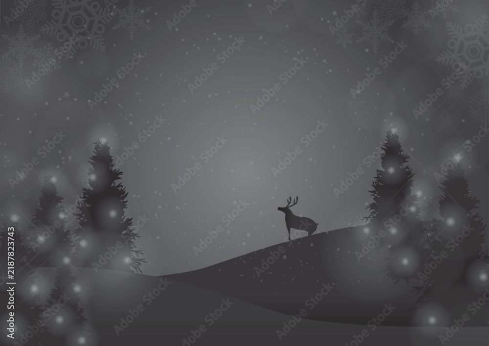 Fototapeta premium 雪の森とトナカイが幻想的なクリスマスの夜の背景
