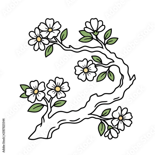 Stylized Branch with Flowers and Leaves