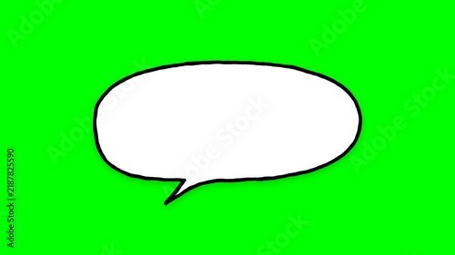 Hand-drawn white speech bubble with black outline on green screen background. Blank comic balloon or dialogue box for text and creative animation.