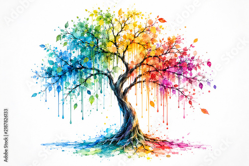 AI generated colorful watercolor tree rainbow foliage flowing paint drips twisted branches exposed roots creating vibrant artistic nature design white