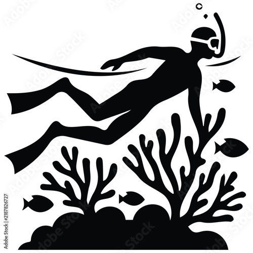 Snorkeler exploring coral reef with tropical fish isolated for scuba diving sport concept.