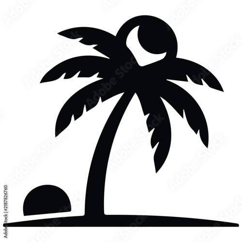 Sun behind palm tree silhouette icon vector for summer vacation and tropical travel art.