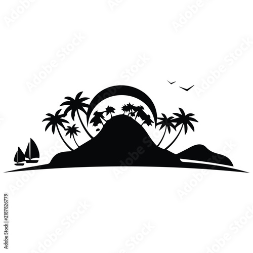 Tropical island black silhouette with palm trees, crescent moon, two sailboats, and flying birds.