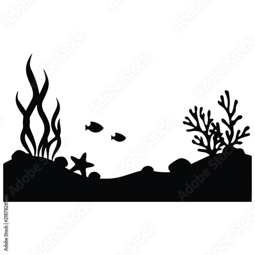 Underwater ocean floor silhouette black coral reef and sea life for aquarium decoration.