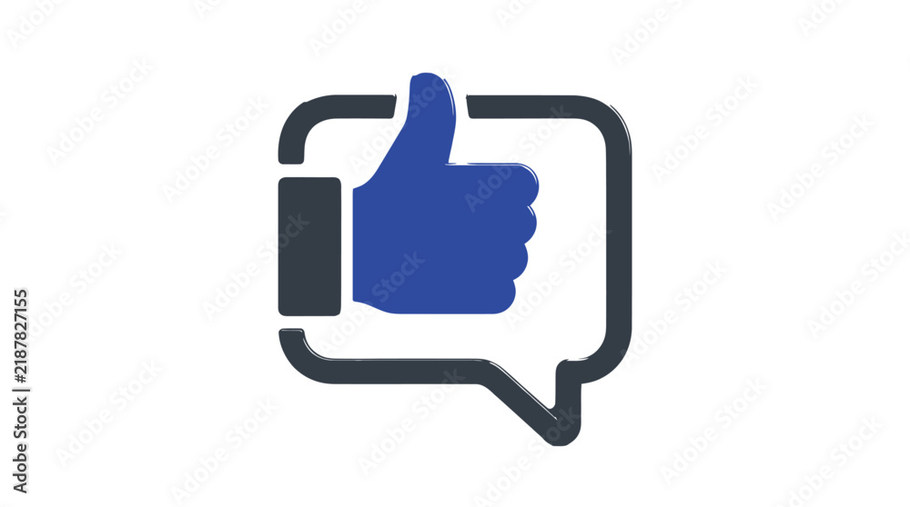 Obraz premium Blue glossy 3d thumbs up hand icon placed inside a dark grey rectangular speech bubble with soft rounded edges