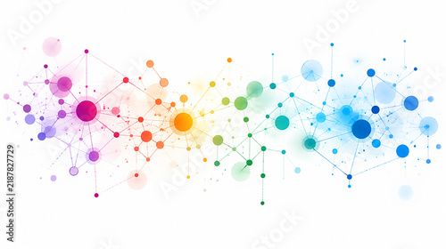 AI generated colorful network of connected nodes geometric links representing digital communication data connectivity technology innovation information exchange