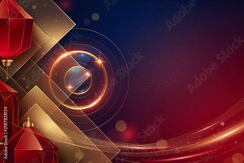 Abstract Red and Gold Floating 3D Orbs Spheres and Twisted Ribbon Shapes Luxury Background
