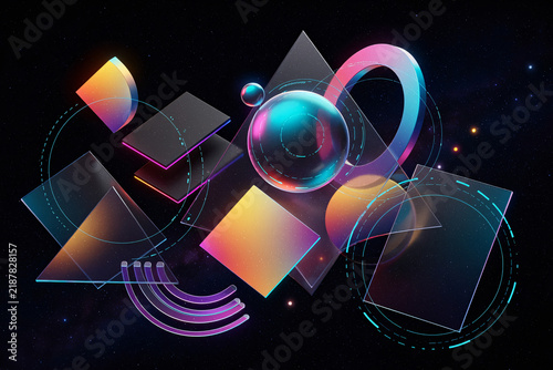 Dark Modern 3D Geometric Floating Shapes Composition with Vibrant Neon Accents Background