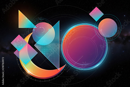 Dynamic Abstract Geometric Composition with Neon Glowing Circular Rings Translucent Spheres