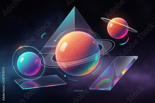 Abstract 3D Spatial Futuristic Scene with Floating Spheres Glowing Rings and Dark Metallic Textures