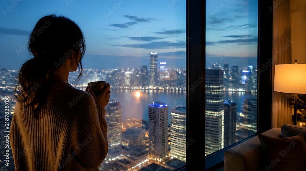 Obraz premium Woman holding mug looking out window at illuminated cityscape from luxury apartment over the shoulder shot