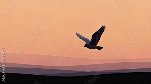A solitary bird soars over layered hills at sunset, silhouetted against a warm orange sky.