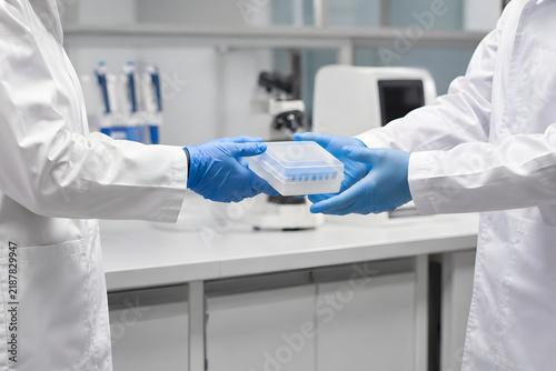 Tapety artystyczne Laboratory Technicians Transferring Sample Container While Wearing Blue Gloves