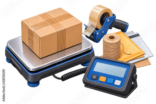 Parcel weighing scale with a cardboard box, packing tape, and digital display for shipping and logistics