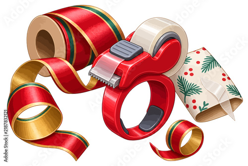 Gift wrapping vector illustration with red and gold ribbon, adhesive tape dispenser, and decorative Christmas paper on white background