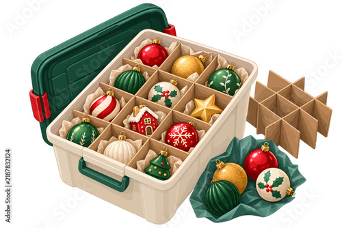 Organized Christmas ornament storage box with festive holiday baubles and protective cardboard dividers for seasonal home organization