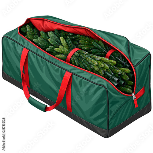 Green storage bag filled with disassembled artificial Christmas tree branches for holiday season organization