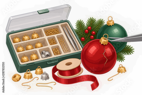 Repairing a broken Christmas bauble with new ornament caps, hooks, and red ribbon in a craft box