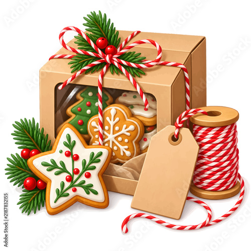 Handmade Christmas Gingerbread Cookies in a Craft Gift Box with Festive Red and White Twine and Pine Decorations