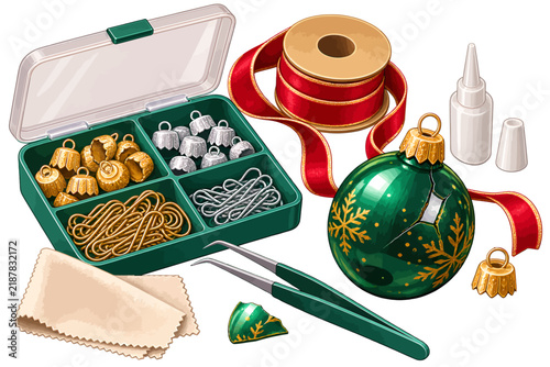 DIY Christmas ornament repair kit with green bauble, spare caps, red ribbon, glue, tweezers, and cleaning cloth