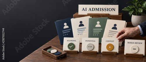 Responsible AI trust process featuring human oversight and academic card review on a wooden desk for institutional governance and compliance presentations