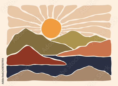 Abstract landscape ocean and mountains panoramic poster. Boho style organic shapes, naive art, contemporary background. Beach and mountains vector illustration