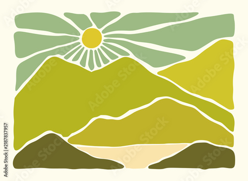 Abstract landscape ocean and mountains panoramic poster. Boho style organic shapes, naive art, contemporary background. Beach and mountains vector illustration