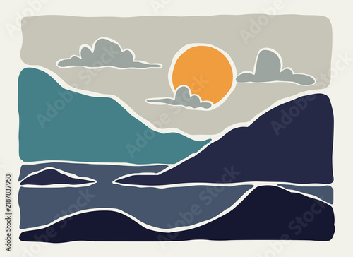 Abstract landscape ocean and mountains panoramic poster. Boho style organic shapes, naive art, contemporary background. Beach and mountains vector illustration