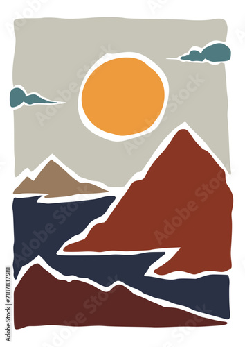Abstract landscape beach and mountains panoramic poster. Organic shapes style , naive art , contemporary background. Beach and mountains vector illustration