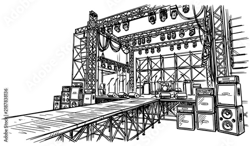 Professional rock concert stage with runway catwalk perspective vector line art showing speakers truss rigging and spot lights