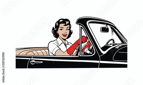Retro woman driving a vintage convertible car