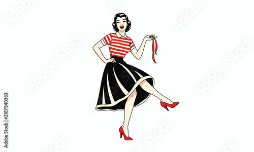 Vintage pop art woman in striped shirt dancing