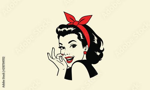 Retro pop art woman wearing red headband in vintage comic style