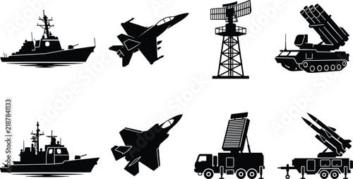 Foto Set of black vector silhouettes featuring military vehicles, warship, fighter jet, radar, and missile launcher