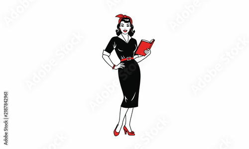 Vintage woman in black dress holding red book