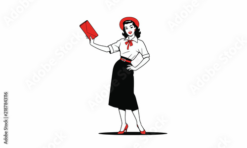 Stylish vintage woman in red beret holding a clutch bag