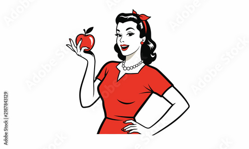 Retro style illustration of a smiling woman holding a red apple