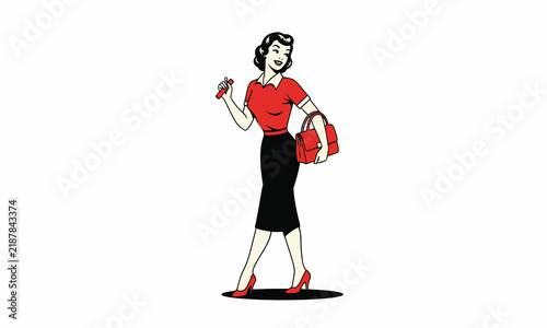 Retro woman walking with a red handbag and smiling