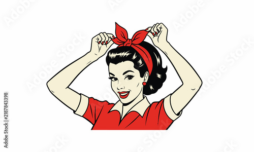 Vintage pin up woman tying a red headband in pop art style