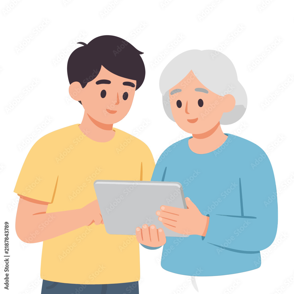Obraz premium Young Boy Assisting Senior Grandmother Using Digital Tablet Together in Flat Vector Illustration Style Showing Generational Connection and Learning Technology at Home